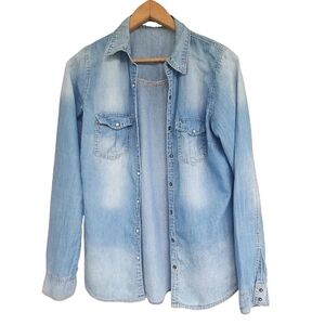 Womens S Maurices Cotton Cowgirl Western Boho Long Sleeve Pearl Snap Denim Shirt